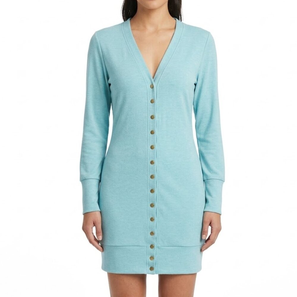 MEROKEETY Teal Blue Button Front Cardigan Mini Dress Long Sleeve Ribbed Large